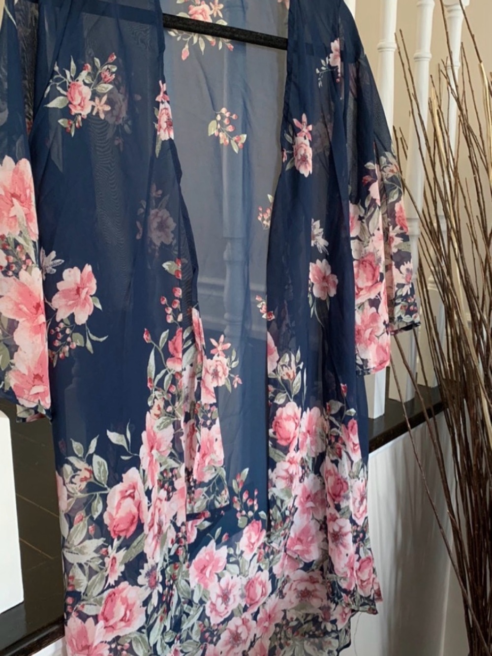 Cozy Casual Navy Blue Floral Kimono with Pink Roses